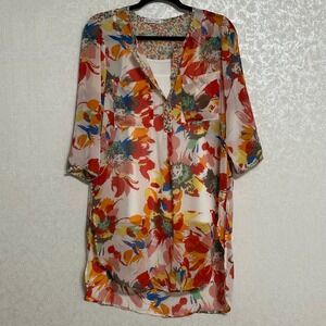 Figueroa & Flower Multicolored Floral Print 3/4 Sleeve Tunic Blouse Boho L